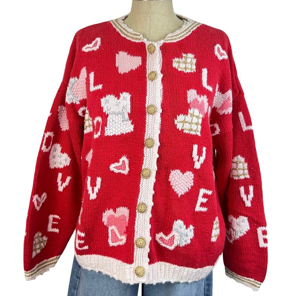 Vintage Cardigan Bay Hand Knit LOVE Hearts Gold Red Cardigan Sweater (Sz L)